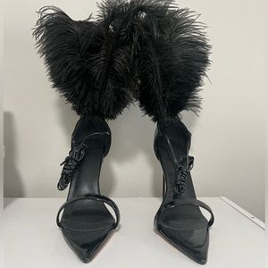 Black Strappy Heel with Feathers